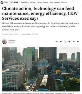 Aerial view of buildings in downtown Boston, Massachusetts, beneath the headline of a facilities management article on climate action and technology. The page includes a photo of the author and publication details.
